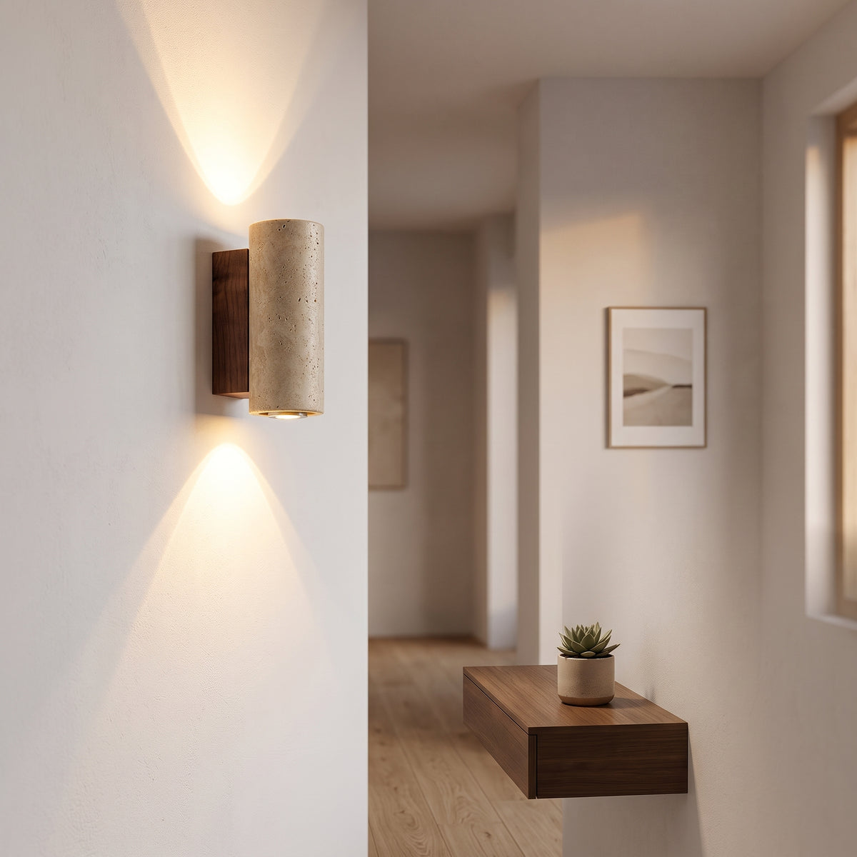 Applique Murale en Travertin et Bois de Noyer — Style Wabi Sabi