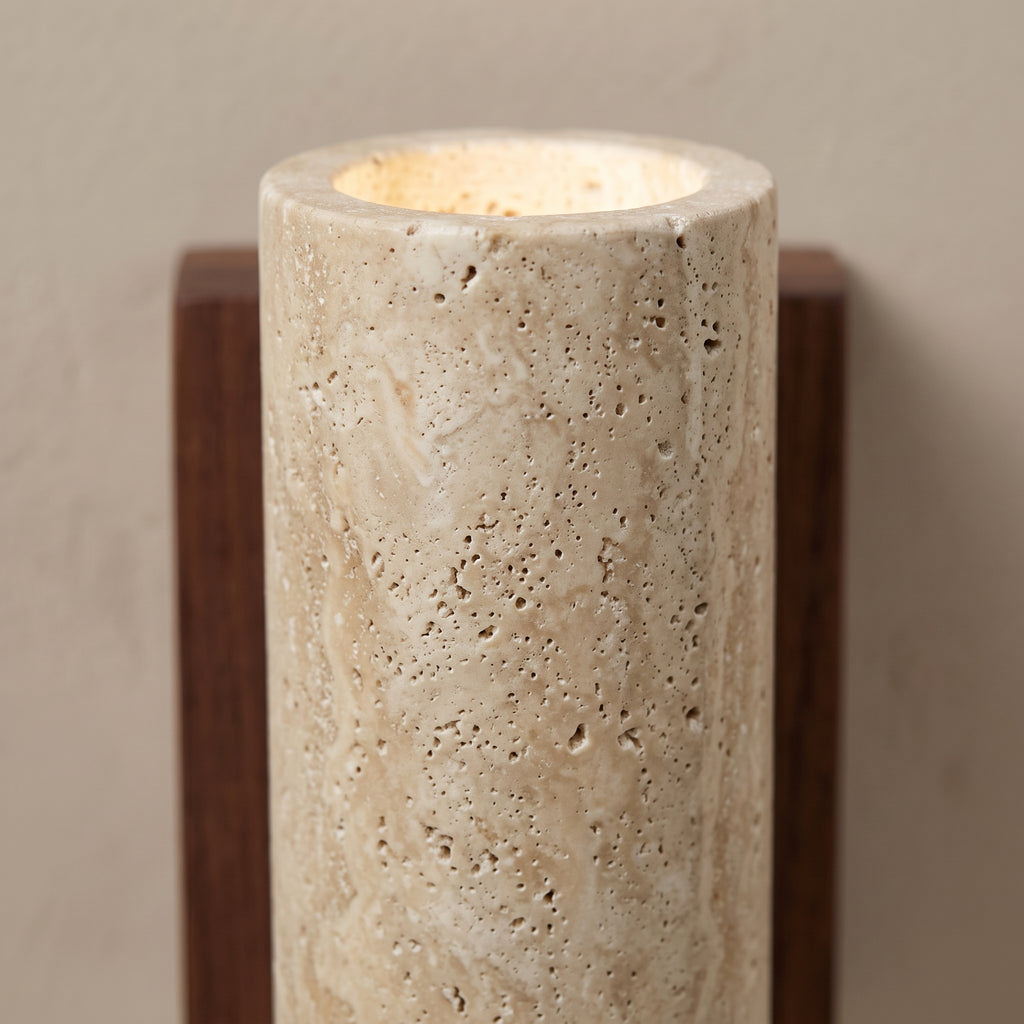 Applique Murale en Travertin et Bois de Noyer — Style Wabi Sabi