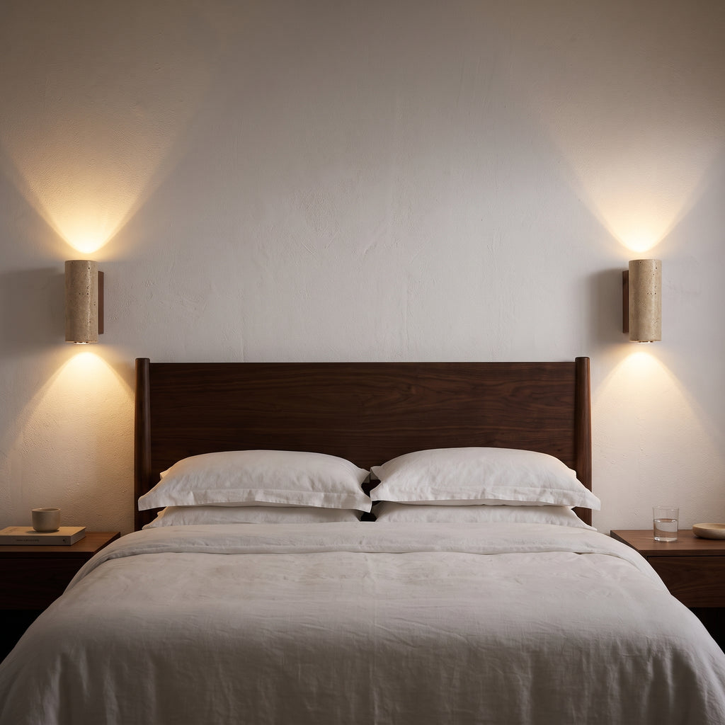 Applique Murale en Travertin et Bois de Noyer — Style Wabi Sabi