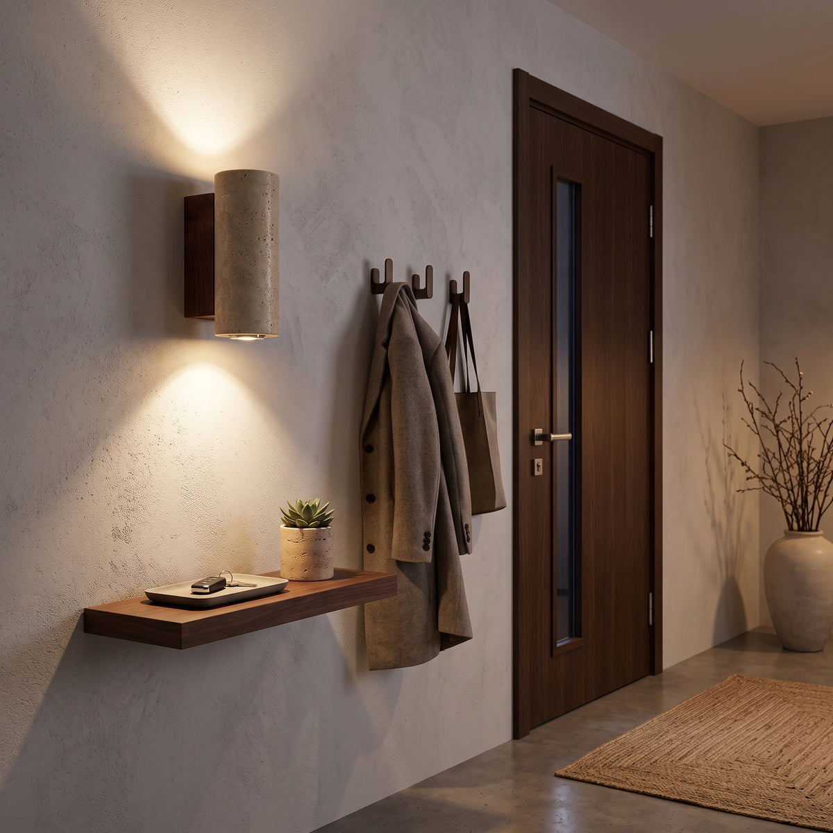 Applique Murale en Travertin et Bois de Noyer — Style Wabi Sabi