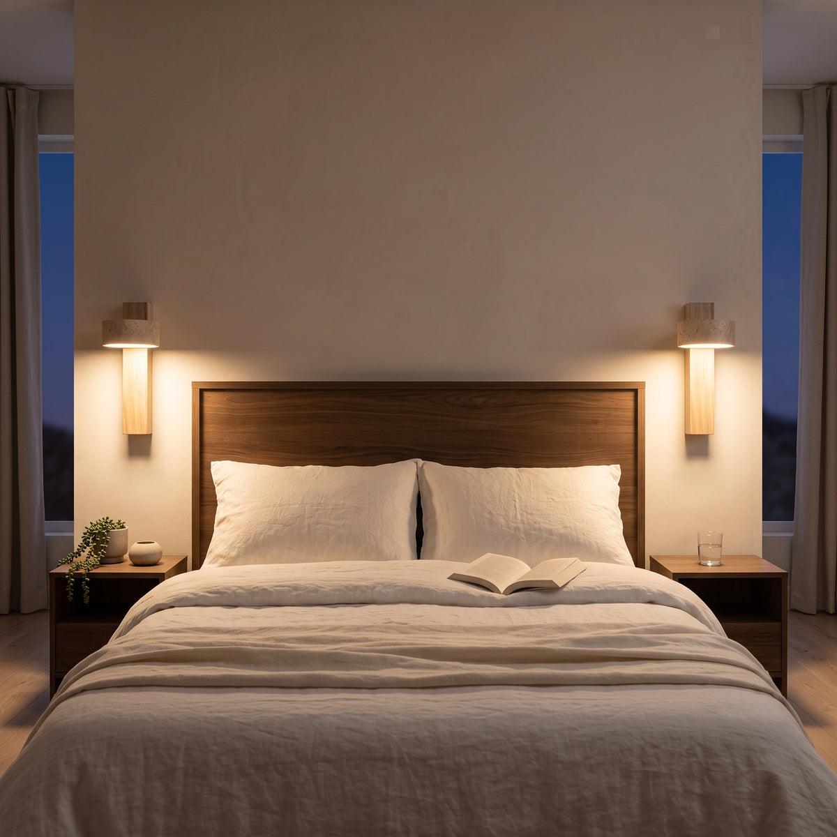 Applique Murale Rotative en Travertin et Bois — Liseuse Wabi Sabi