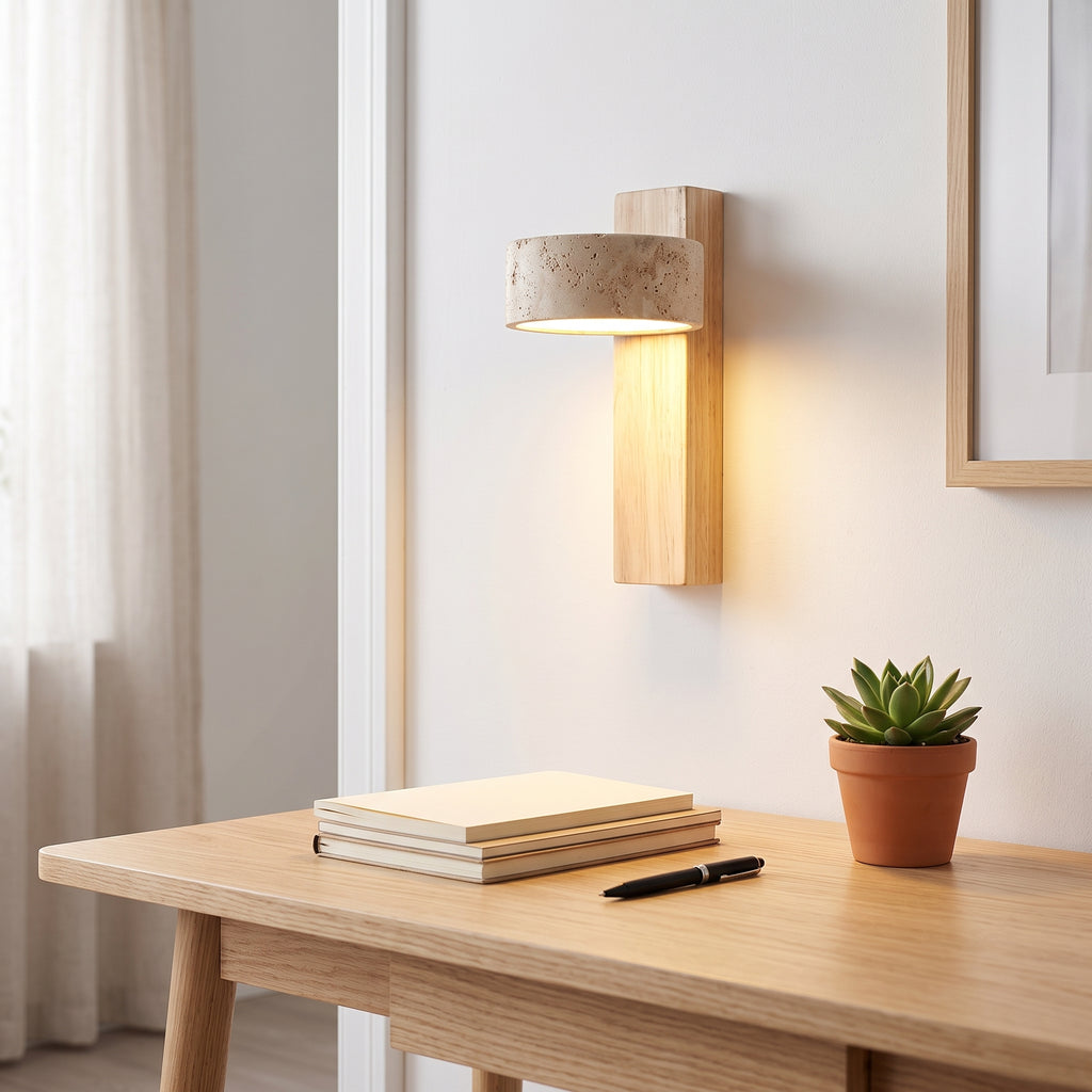 Applique Murale Rotative en Travertin et Bois — Liseuse Wabi Sabi