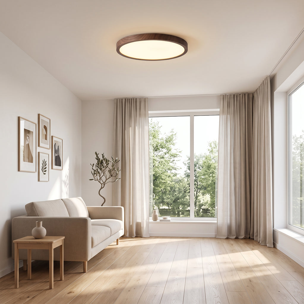 Plafonnier LED Ultra-Mince Bois de Noyer — Chambre & Salon Minimaliste