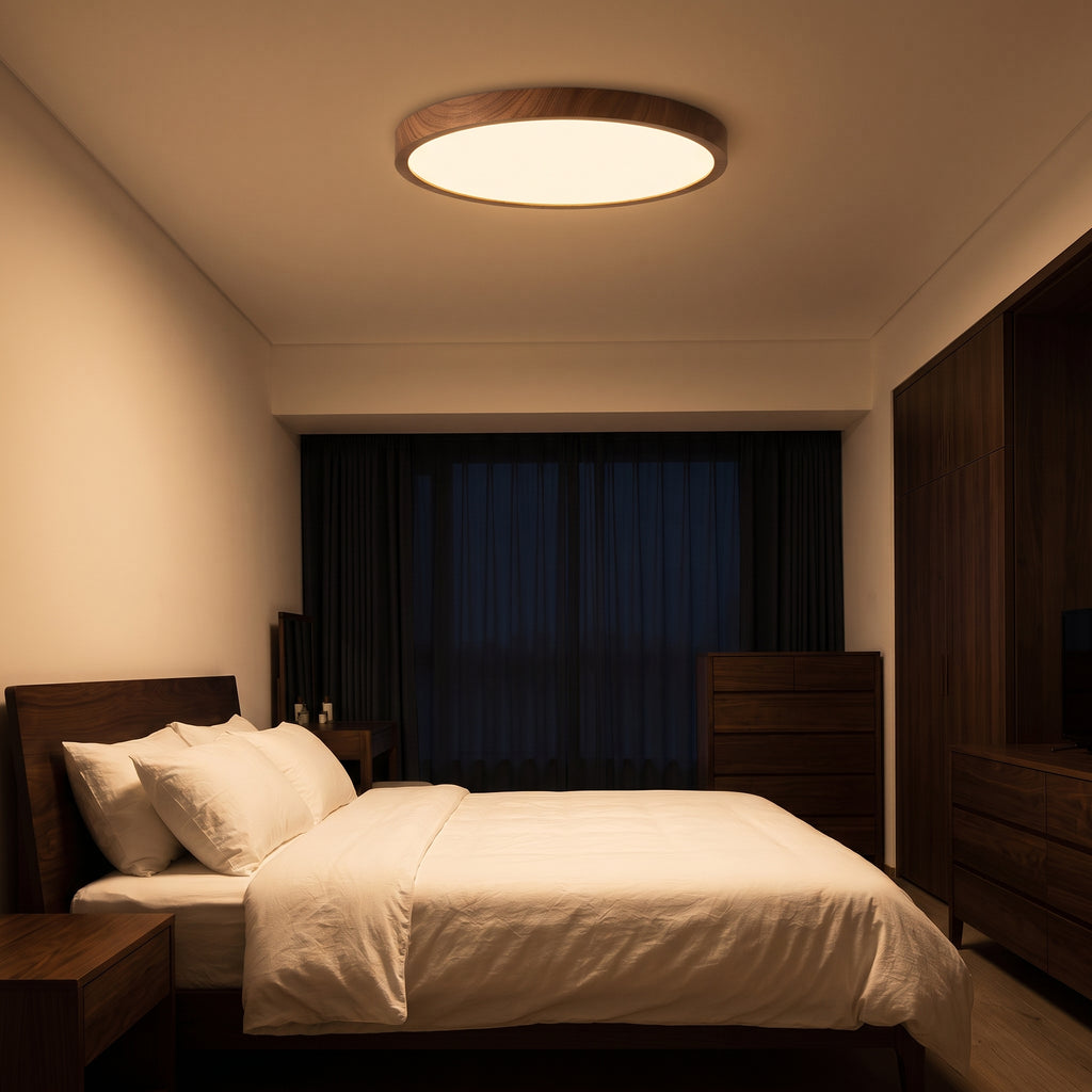 Plafonnier LED Ultra-Mince Bois de Noyer — Chambre & Salon Minimaliste
