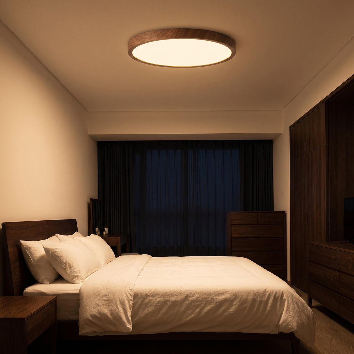 Plafonnier LED Ultra-Mince Bois de Noyer — Chambre & Salon Minimaliste